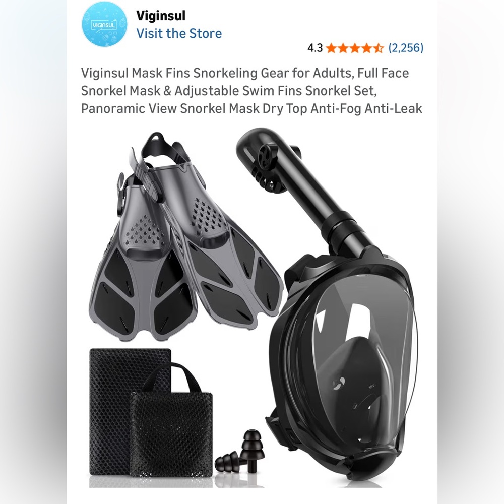Viginsul Snorkeling Set With Mask and Fins Adult Panoramic View Anti Leak